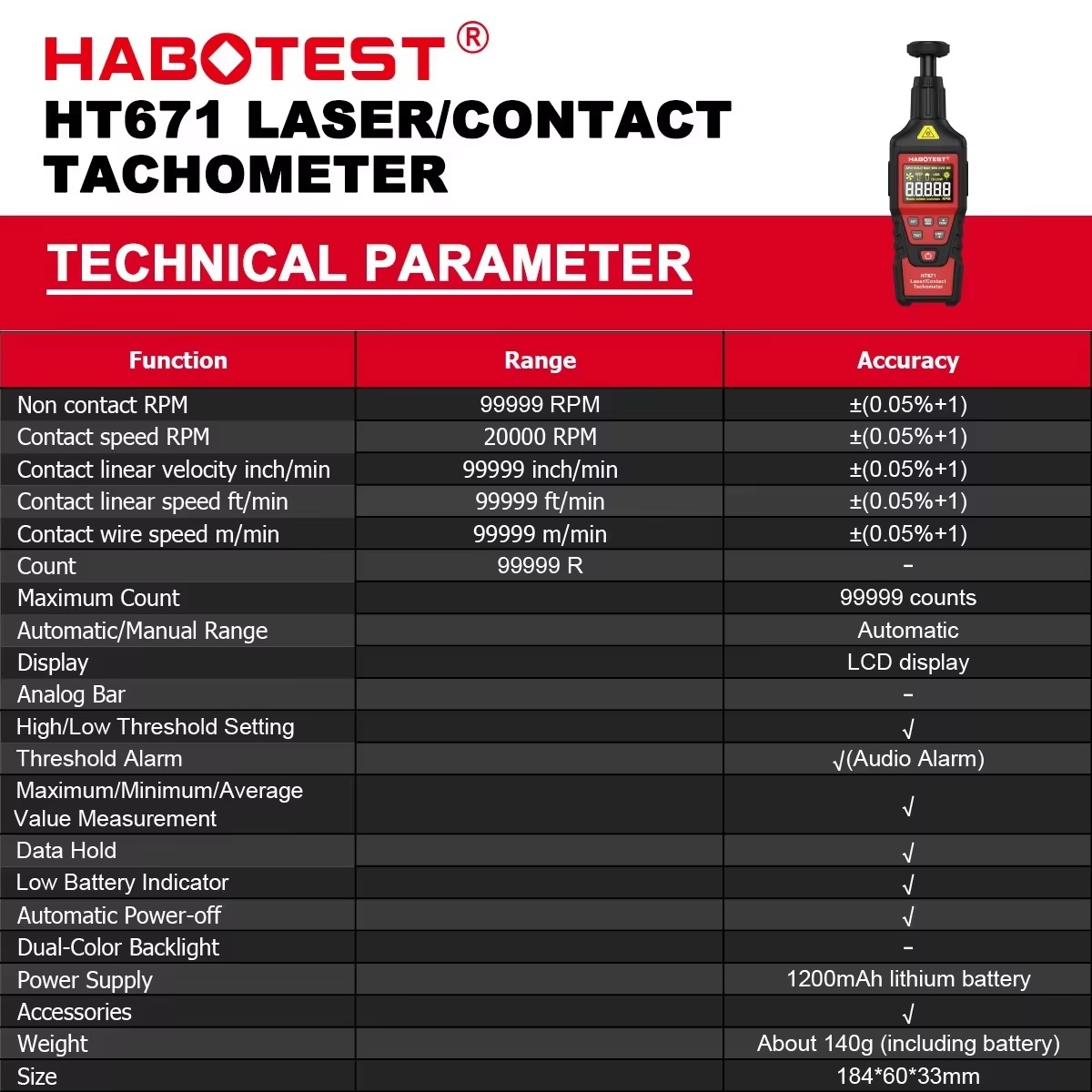 Industrial Laser Tachometer - HABOTEST HT671 Tachymètre numérique 2-en-1, tachymètre